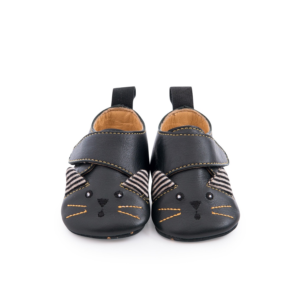 Moustaches - Black Cat Leather Slippers 18-24m