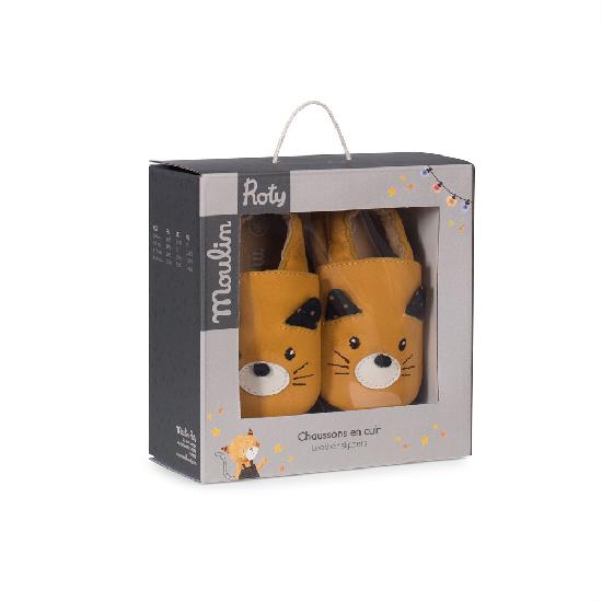 Moustaches - Yellow Cat Leather Slippers 12-18m