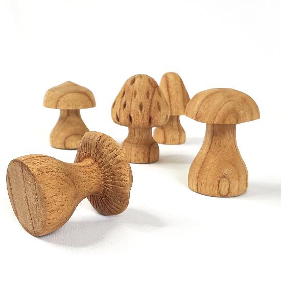 Wood Mushrooms Hand Carved  5pcs